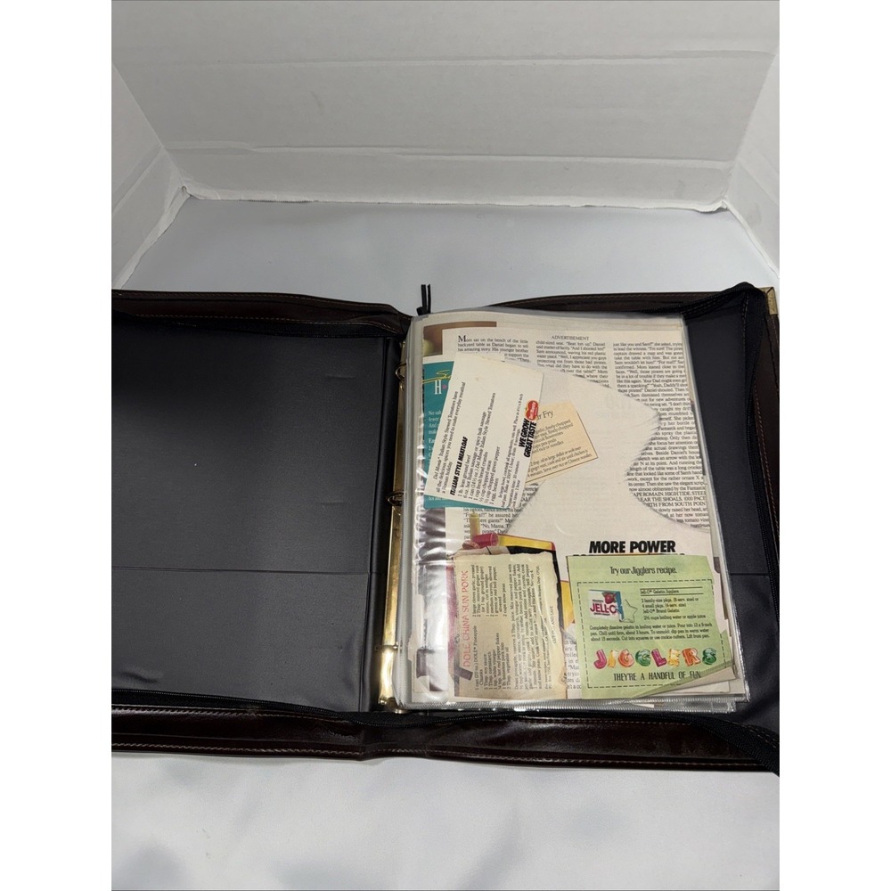 Recipes Collection Magazine Clippings ,ads , Zip Leather Binder , Vtg , Ephemera